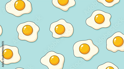 Seamless repeating pattern of fried eggs with yellow yolks and white albumen on a light blue background for food and kitchen themes.