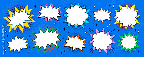 Comic sticker starburst set with boom shape, cartoon tag frames and star accents on blue halftone background. Bold burst stickers in yellow, pink, green and purple tones for labels, comic graphics