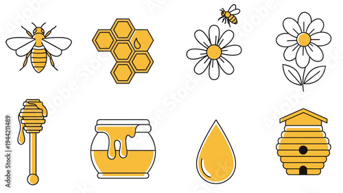 Collection of honey production icons including a bee, honeycomb, sunflower, honey jar, dipper, and beehive in yellow.