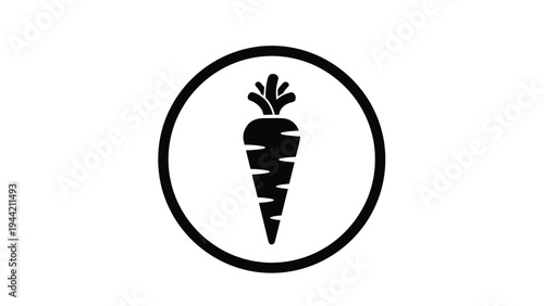 Black and white circular icon of a carrot with green leaves on top representing healthy eating and vegetable garden.