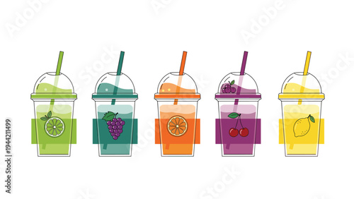 Five different fruit smoothie or juice cups with straws and fruit labels in a flat line art style on white background.