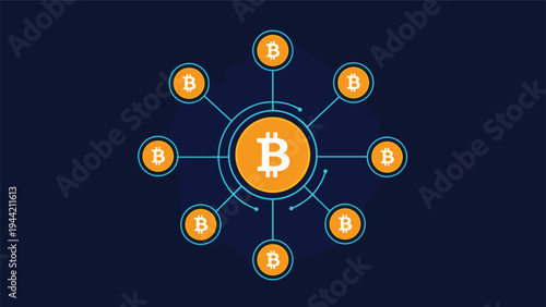 Central bitcoin symbol connected to several smaller bitcoin icons in a network on a dark blue background for finance.