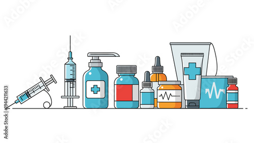 Comprehensive collection of medical supplies including syringes, medicine bottles, tubes, and jars in a flat graphic line style.
