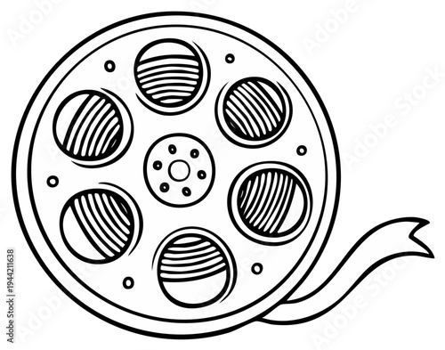 Black and white illustration of a film reel with ribbon.