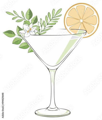 Elegant martini glass with fresh green leaves a delicate flower and a citrus slice garnish