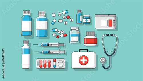 Extensive set of medical icons and equipment including pills, syringes, a first aid kit, and a stethoscope on a teal background.