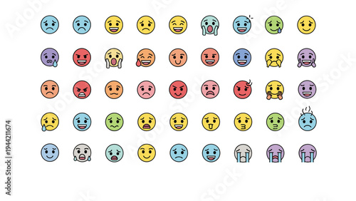 Large grid of colorful round emoji faces representing a wide spectrum of human emotions and facial expressions for digital use.