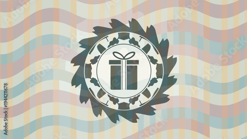 Gift box icon featured inside a circular decorative seal on a dynamic wavy pattern background with pastel multicolored stripes.