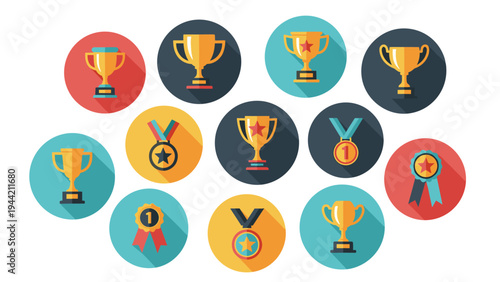 Set of colorful flat icons for trophies, medals, and award ribbons placed inside circular frames with modern long shadow effects.
