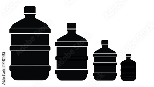 Four black silhouettes of large water cooler jugs displayed in a row and arranged in descending order based on their physical size.