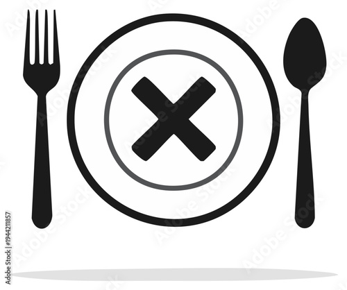 Empty plate with an 'X' mark, fork and spoon symbolizing no food or meal restriction concept