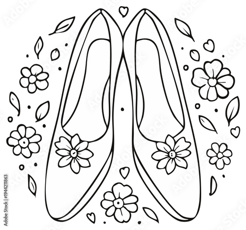 Delicate Ballet Slippers Adorned with Floral Motifs and Heart Embellishments