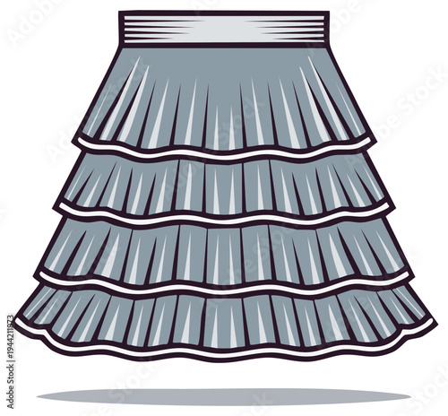 Fashionable gray tiered pleated skirt with white trim and waistband design illustration