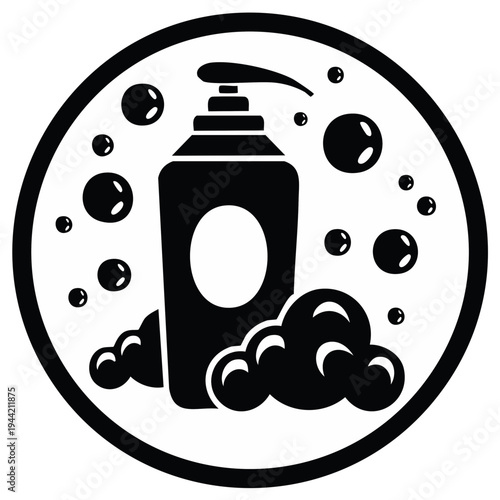 Liquid soap dispenser with bubbles and foam in a circle