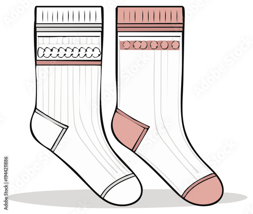 Illustration of two cozy socks with different patterns and designs in soft colors.