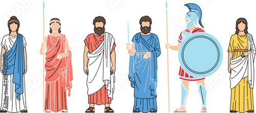 Set of ancient Greek and Roman characters, collection of people in traditional tunics, togas and Spartan warrior with shield and spear flat vector illustration