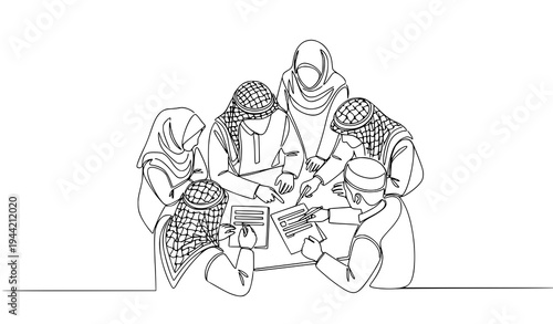 A minimalist line art illustration of people in traditional Middle Eastern attire collaborating