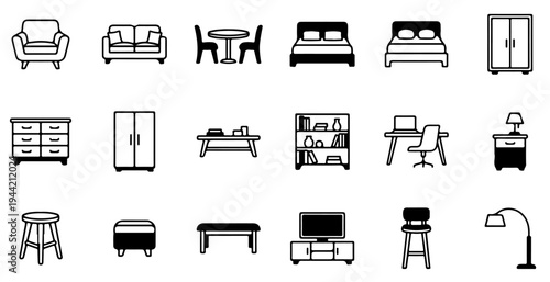 18 Minimalist Furniture and Home Interior Icon Set, Black and White Line Art