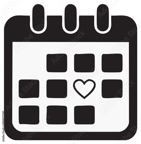 Heart icon on simple calendar grid marking a special date reminder or event icon