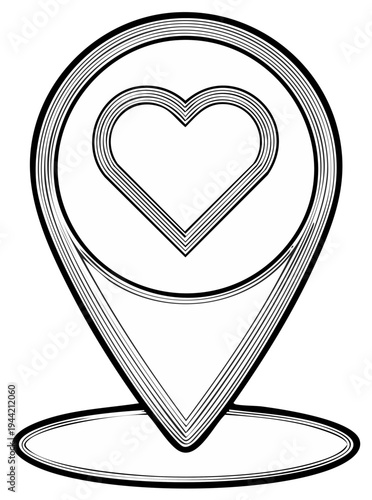 Heart Shape Location Marker Symbol Black and White Outline