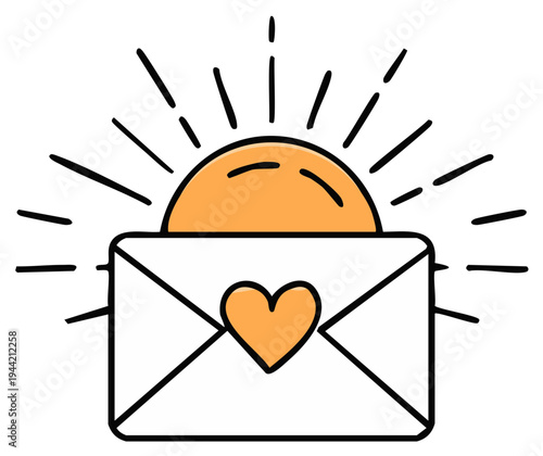 Illustration of an envelope with a sunburst and heart symbolizing love and communication