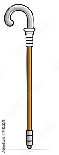 Cartoon drawing of an elegant walking stick with a curved silver handle and gold shaft