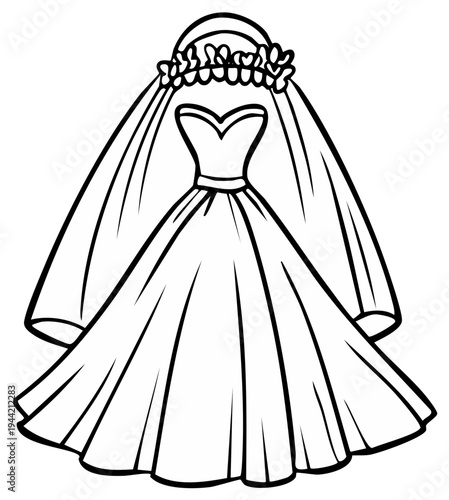 Elegant outline illustration of a classic wedding dress with a flowing veil and floral headpiece, ready for a special celebration