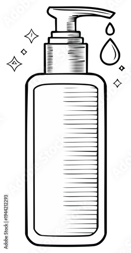 Illustration of a hand sanitizer bottle with a drop coming out and sparkles