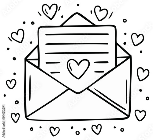 Whimsical Hand-Drawn Love Letter Envelope with Hearts and Confetti