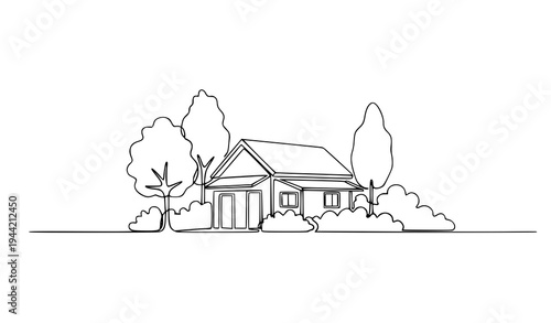 A simple line drawing of a house with trees and bushes