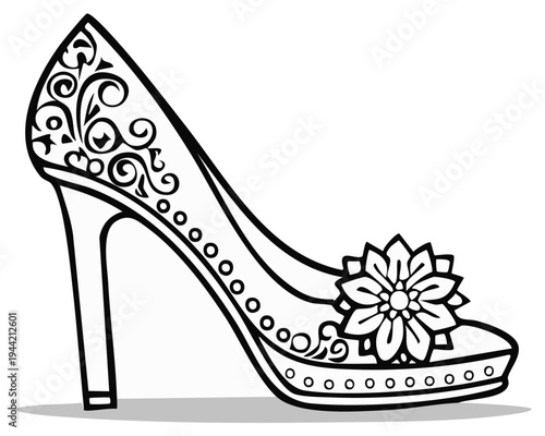 Elegant high heel shoe illustration with floral design and decorative details in monochrome