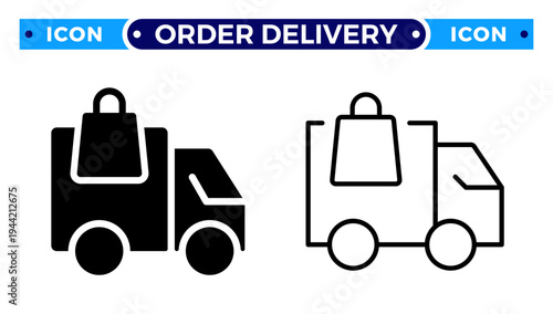 Fast Order Delivery Truck with Shopping Bag E commerce Logistics Vector Icon Set