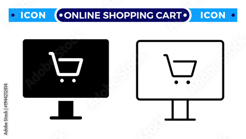 Digital Online Shopping Cart on Computer Monitor for E-commerce Store Vector Icon Set
