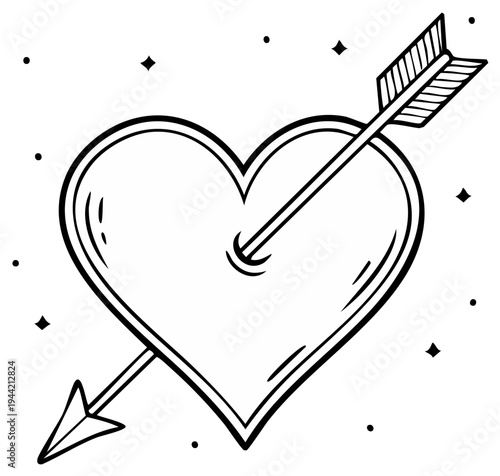 Heart pierced by arrow, hand-drawn illustration with stars, romantic concept, love.