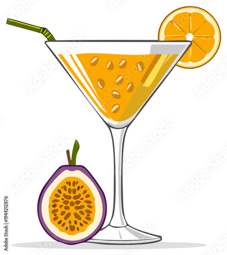 Tropical Passion Fruit Cocktail with Orange Garnish and Straw