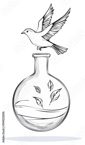 Bird Takes Flight From Glass Bottle with Leaves and Water Inside in Artistic Line Drawing Style
