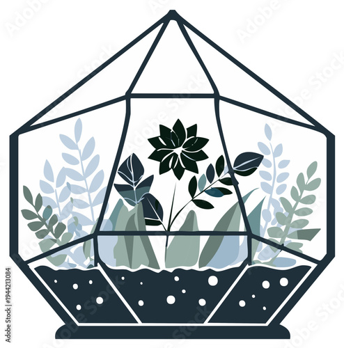 Geometric glass terrarium filled with lush green plants and soil