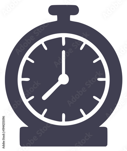 Simple flat icon of a dark blue alarm clock showing the time seven oclock
