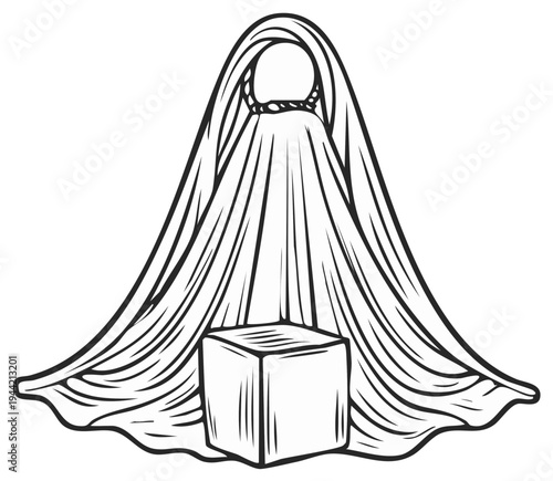 Abstract illustration of a draped fabric and a cube