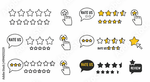 Customer feedback star rating icons and symbols.