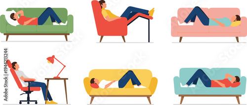 Set of people relaxing and sleeping on sofa, collection of men and women characters lying on couch and sitting in comfortable armchair flat vector illustration