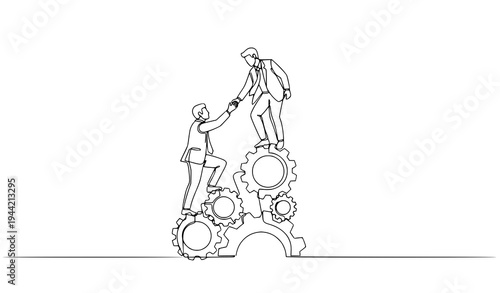 A minimalist line art illustration of two businessmen helping each other on gears