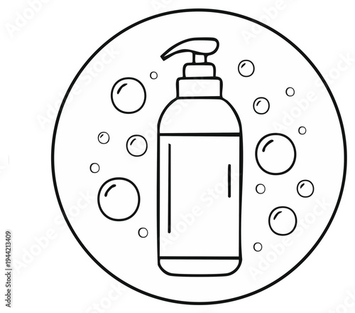 Illustration of a soap dispenser surrounded by bubbles inside a circle