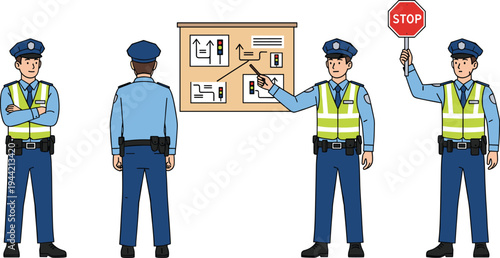 Set of traffic police officer characters, collection of policeman in uniform standing, showing traffic rules on board and holding stop sign flat vector illustration