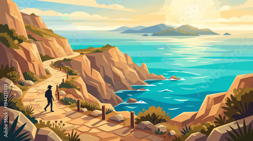 Silhouette of a hiker enjoying a coastal walk on a stone path during sunset, with turquoise water, islands, and rocky cliffs. The landscape evokes serenity and adventure.