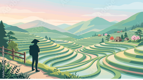 An illustration of a lone backpacker admiring a serene view of lush green rice terraces winding through rolling mountains in an Asian countryside setting at dawn.