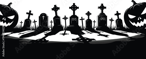 halloween graveyard silhouette scene, spooky cemetery with tombstones crosses and pumpkin, horror night landscape, haunted grave illustration background