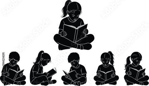Kids reading books silhouettes collection, children sitting and studying with open books, education learning vector illustration isolated on white