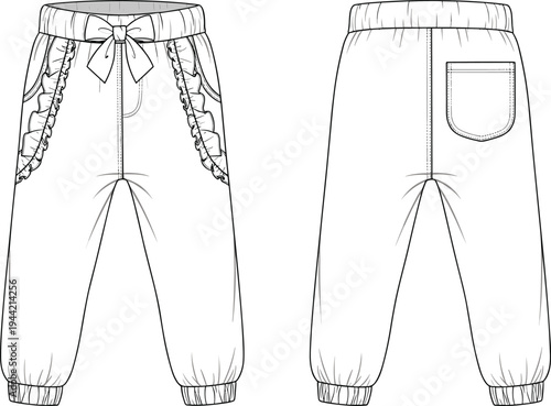 Children’s pants sketch, decorative bow fashion illustration, ruffled pocket garment design template, apparel construction drawing, clothing pattern reference, playful casual outfit silhouette