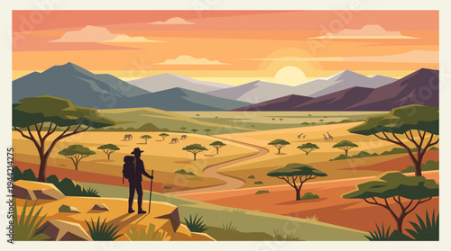 An illustration depicting a hiker with a backpack observing the vast African savannah landscape with elephants and giraffes during sunset, showcasing adventure, travel, and the beauty of wildlife.